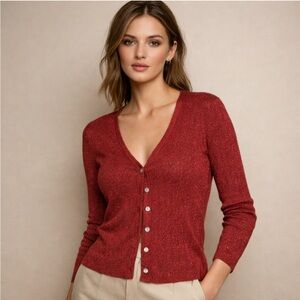 Casual Corner Red Shimmer Button Front Cardigan Sweater Size L